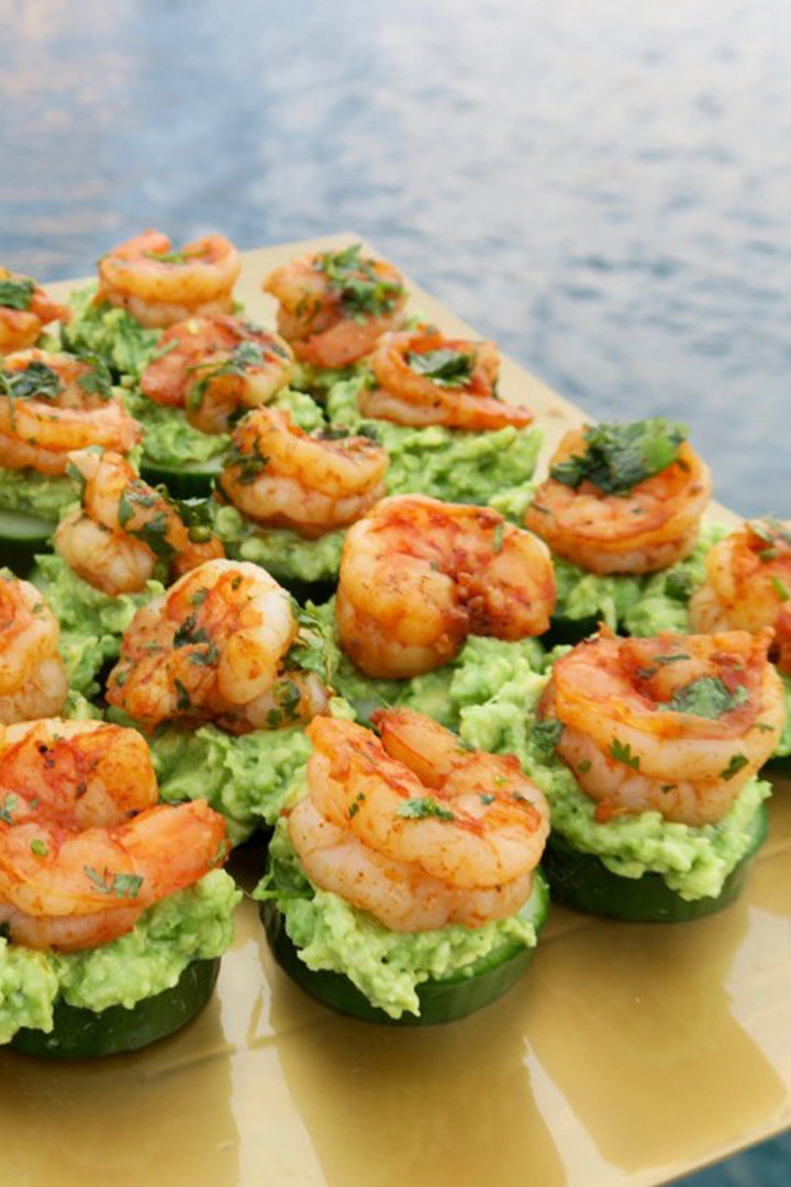 cajun shrimp appetizer with avocado and cucumber