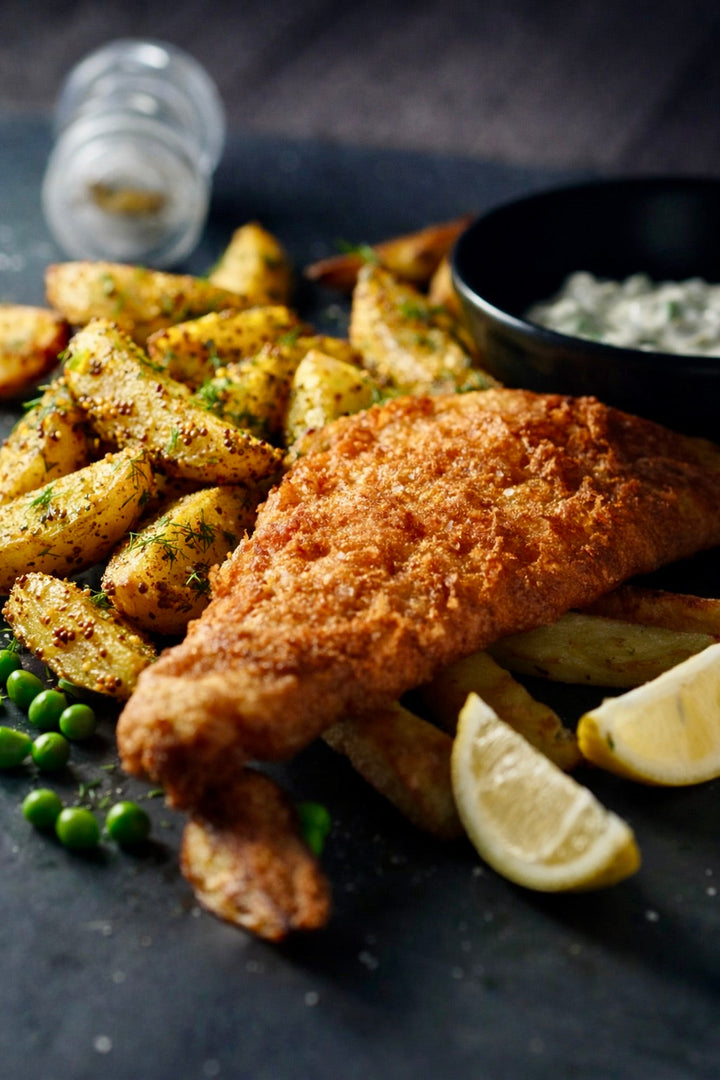 crispy beer battered cod with mustard-dill potatoes – Savvy Planet