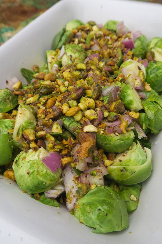 oven-roasted brussels sprouts with shallots and pistachios