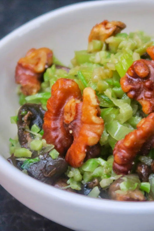 shaved broccoli with toasted walnuts and garlic