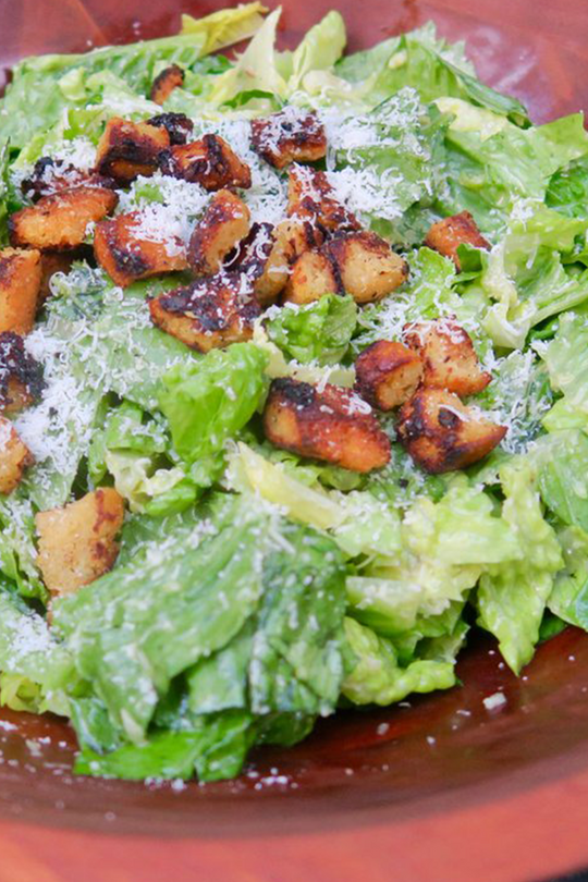 caesar salad with skillet croutons