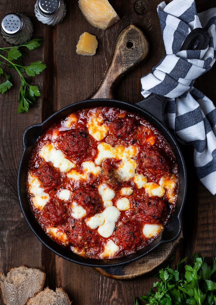 cheesy baked meatballs with burrata