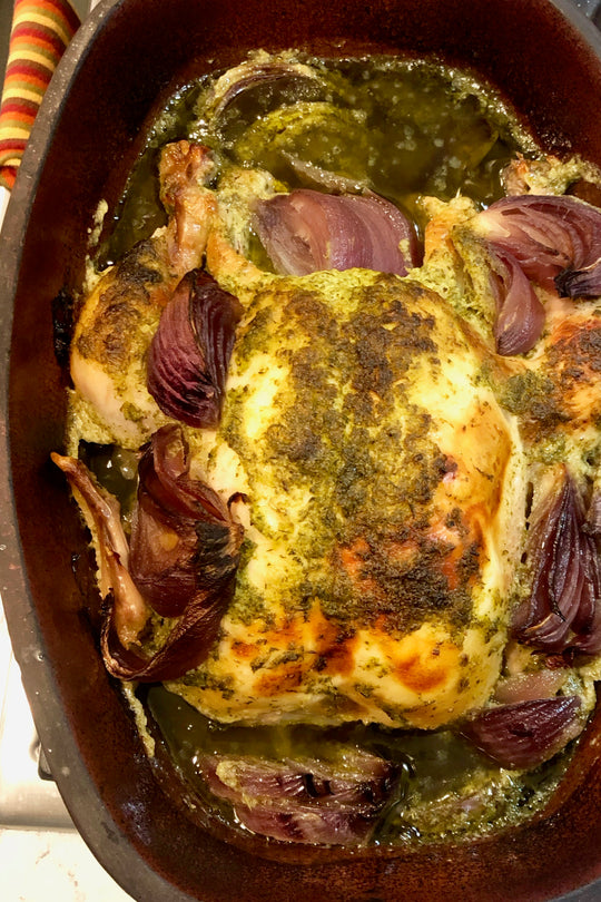 clay pot roasted chicken with fresh herb sauce