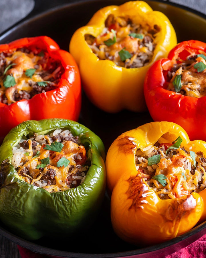 cuban stuffed peppers with picadillo + saffron rice