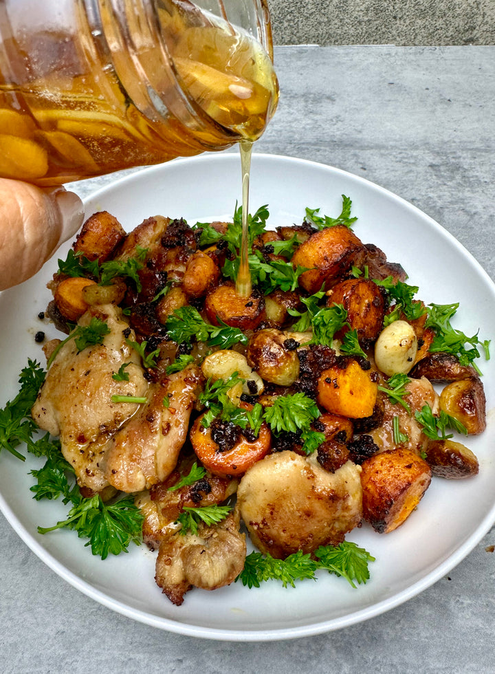 garlic & herb chicken thighs with a honey drizzle